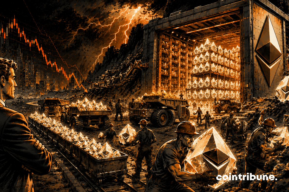 Une équipe de mineurs futuristes représentant BitMine transporte d’énormes cristaux Ethereum dans un immense entrepôt.