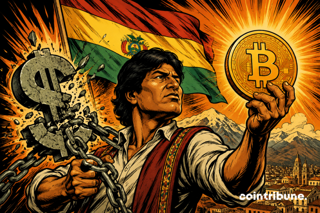 Illustration depicting Bolivia breaking away from the U.S. dollar while Bitcoin emerges as a monetary alternative after the end of the fixed exchange rate regime.