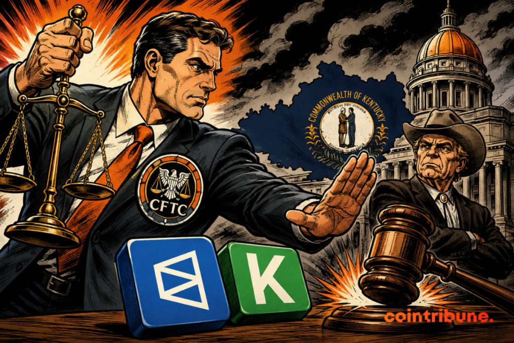 Illustration showing the legal dispute between the CFTC, Kentucky, and prediction market platforms Polymarket and Kalshi.