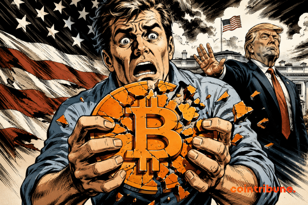 Investisseur horrifié voyant son Bitcoin se briser, tandis que Trump apparaît derrière lui, symbolisant promesses déçues et pertes brutales récentes.