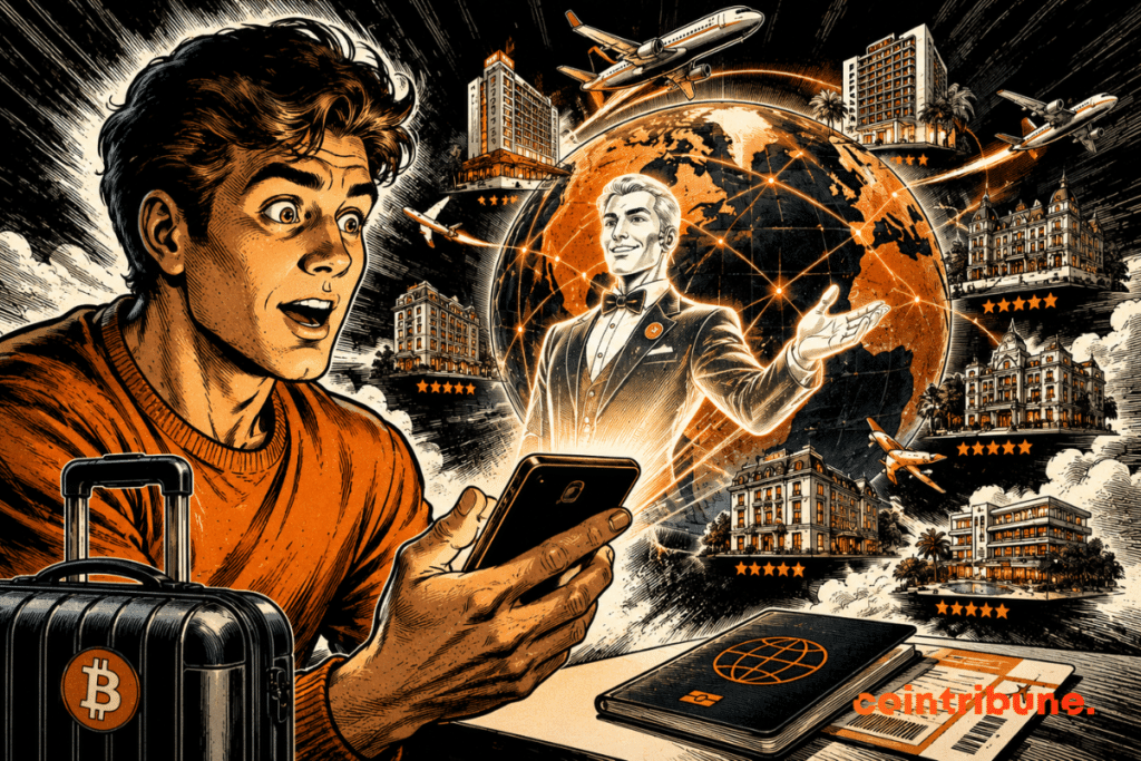An amazed traveler discovers a holographic AI concierge that instantly arranges hotels and travel arrangements around the world.