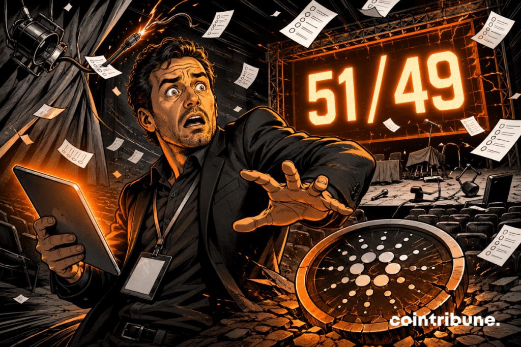 Comic-style illustration showing a shocked organizer in front of a 51/49 counter, a chaotic conference scene, and a cracked crypto token.