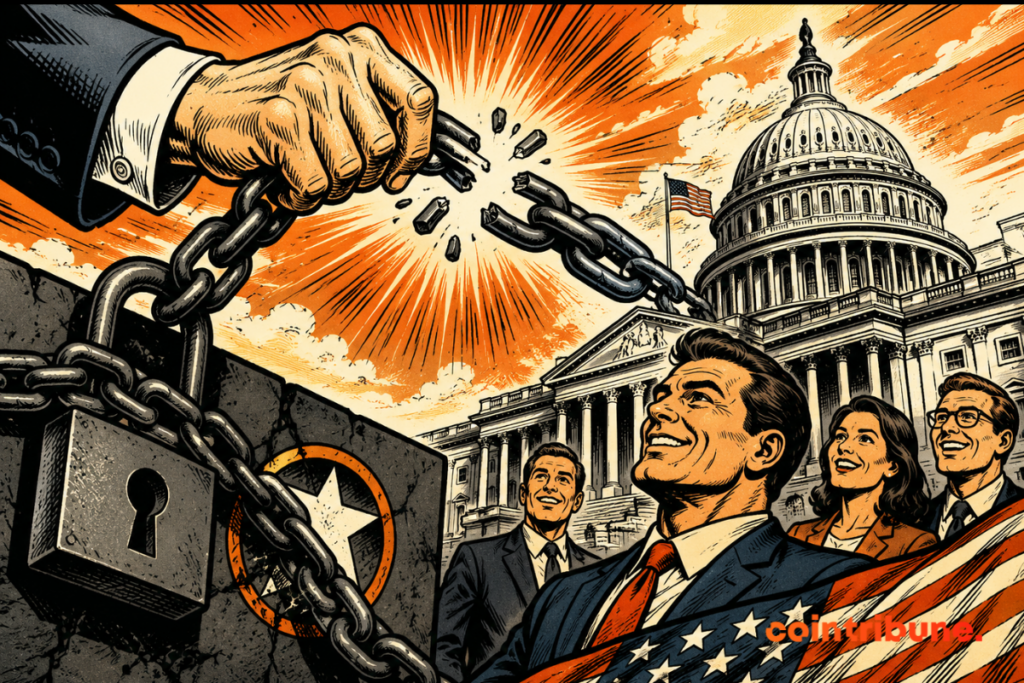 Illustration showing Washington partially lifting restrictions on Anthropic’s Claude Mythos 5 artificial intelligence model, with a broken chain in front of the US Capitol.
