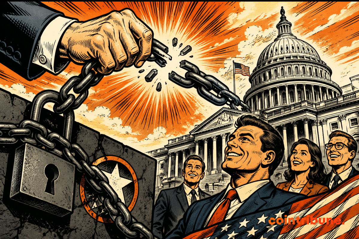 Illustration représentant Washington levant partiellement les restrictions sur le modèle d’intelligence artificielle Claude Mythos 5 d’Anthropic, avec une chaîne brisée devant le Capitole américain.