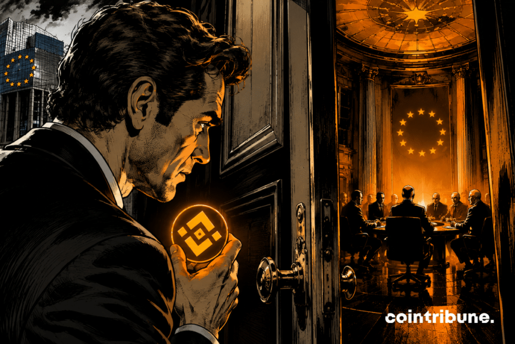 A crypto executive holds the Binance logo. He stands motionless in front of a huge, half-open door of a European institutional meeting room. Silhouettes of ECB officials around a round table are visible.