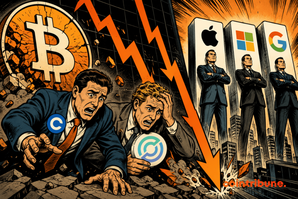 Ilustración que representa la caída del mercado cripto, con Bitcoin en descenso mientras Coinbase y Circle registran pérdidas mucho mayores que las de gigantes tecnológicos como Apple, Microsoft y Google.