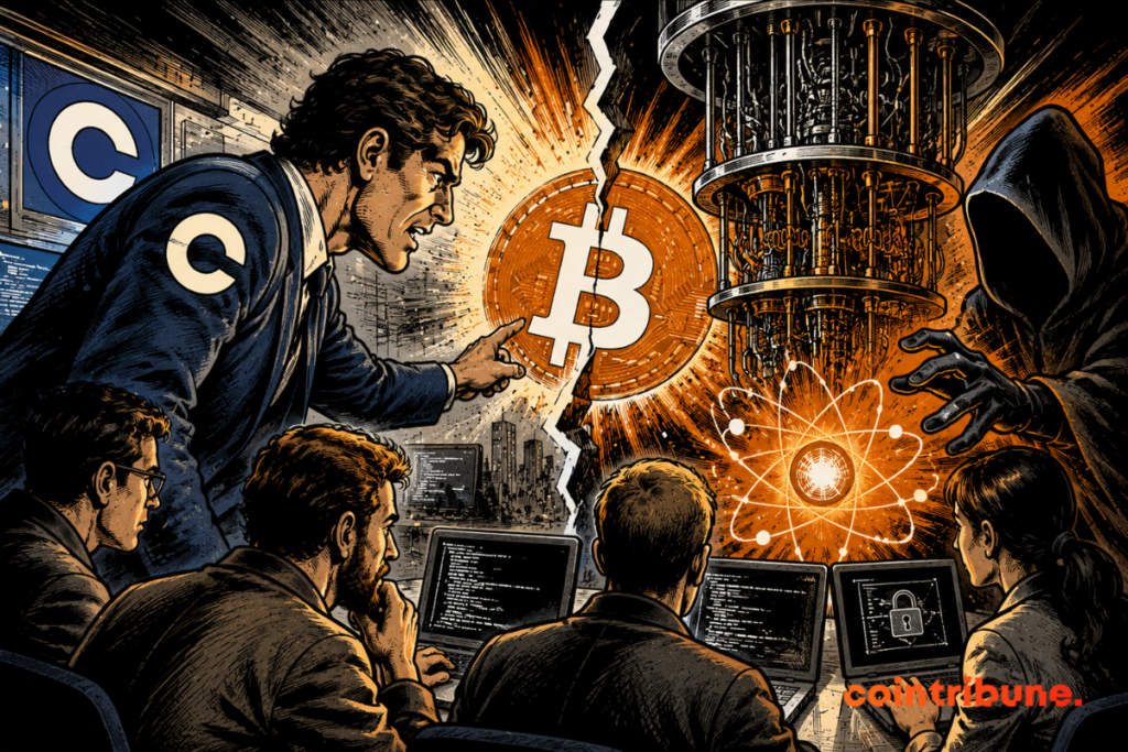 Illustration représentant Coinbase et des développeurs blockchain confrontés à la menace de l’informatique quantique. Au centre, un symbole Bitcoin sépare deux camps tandis qu’une machine quantique et une silhouette menaçante symbolisent les risques futurs pour la sécurité des actifs Crypto et la nécessité d’une migration post-quantique.