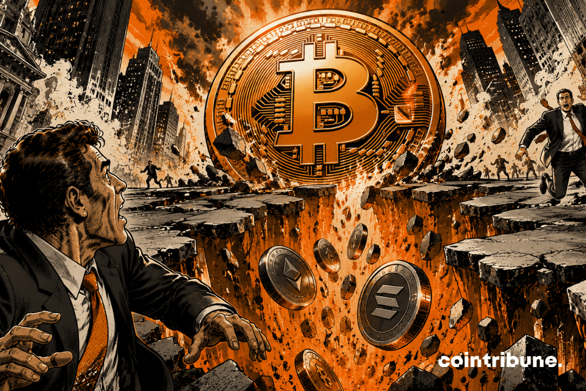 Le sol se fissure sous une gigantesque pièce Bitcoin sous le regard d’un investisseur crypto.