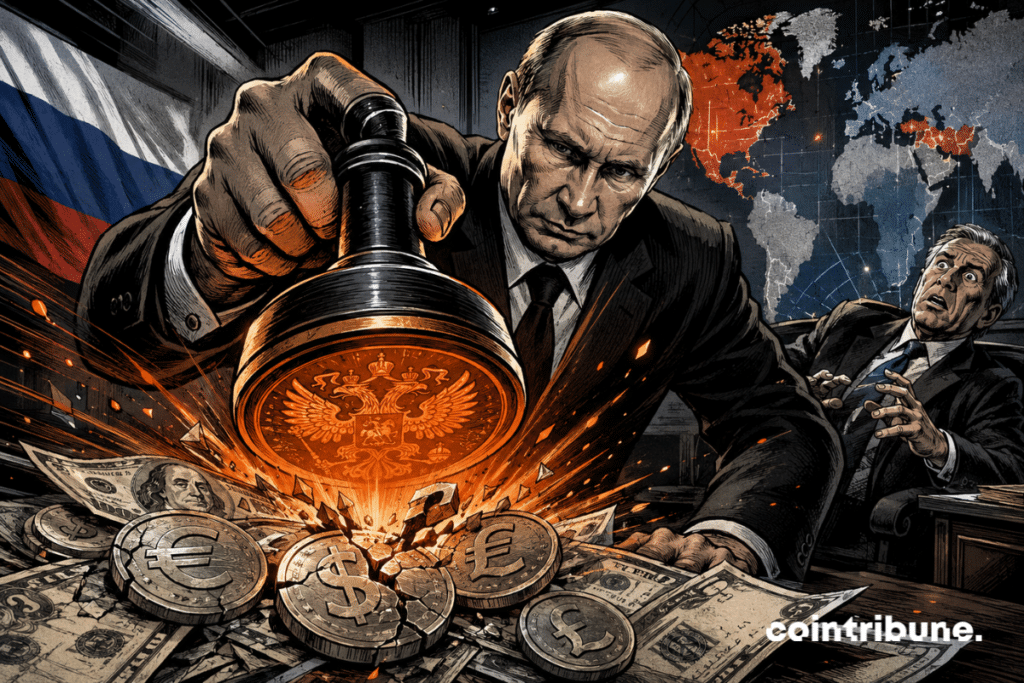Illustration montrant un dirigeant russe abattant un tampon fiscal sur la crypto