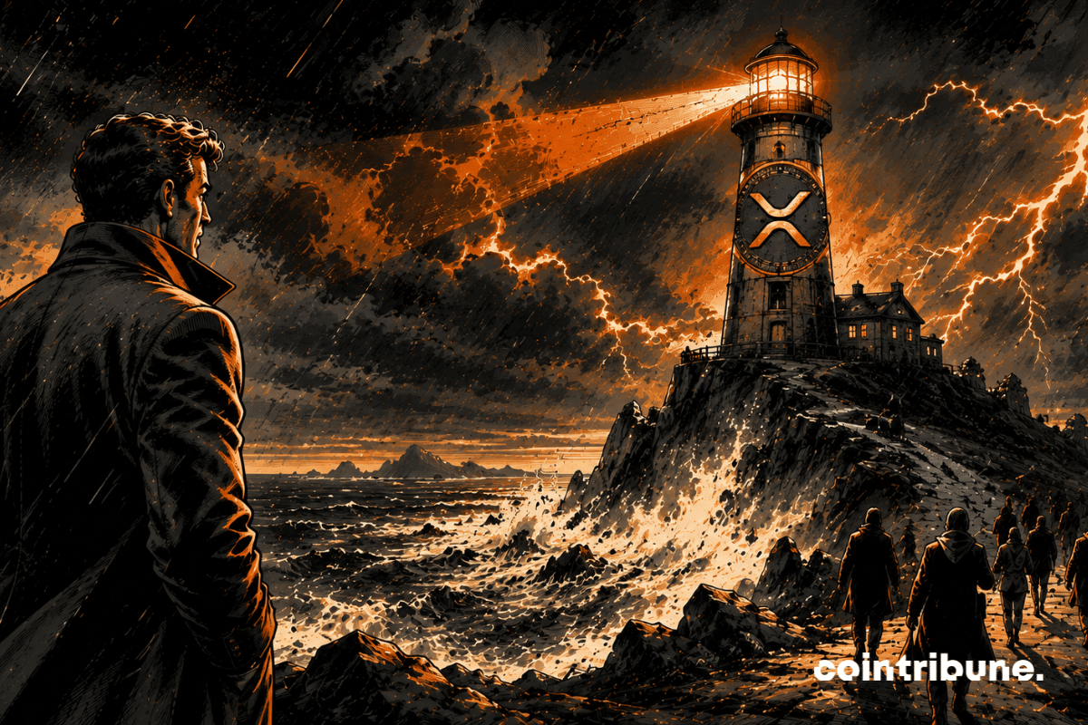 A lone investor stands on a cliff, watching a massive XRP-inspired lighthouse whose light is flickering intensely.