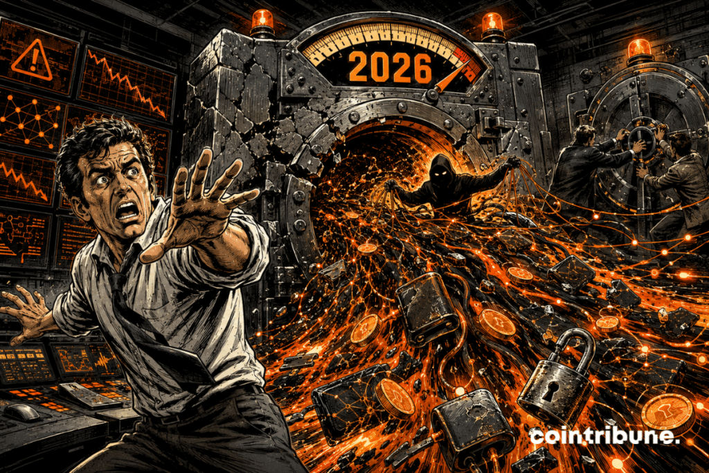 Un analyste recule devant un coffre crypto fracturé d’où jaillit une vague d’actifs volés, sous une jauge marquée 2026.