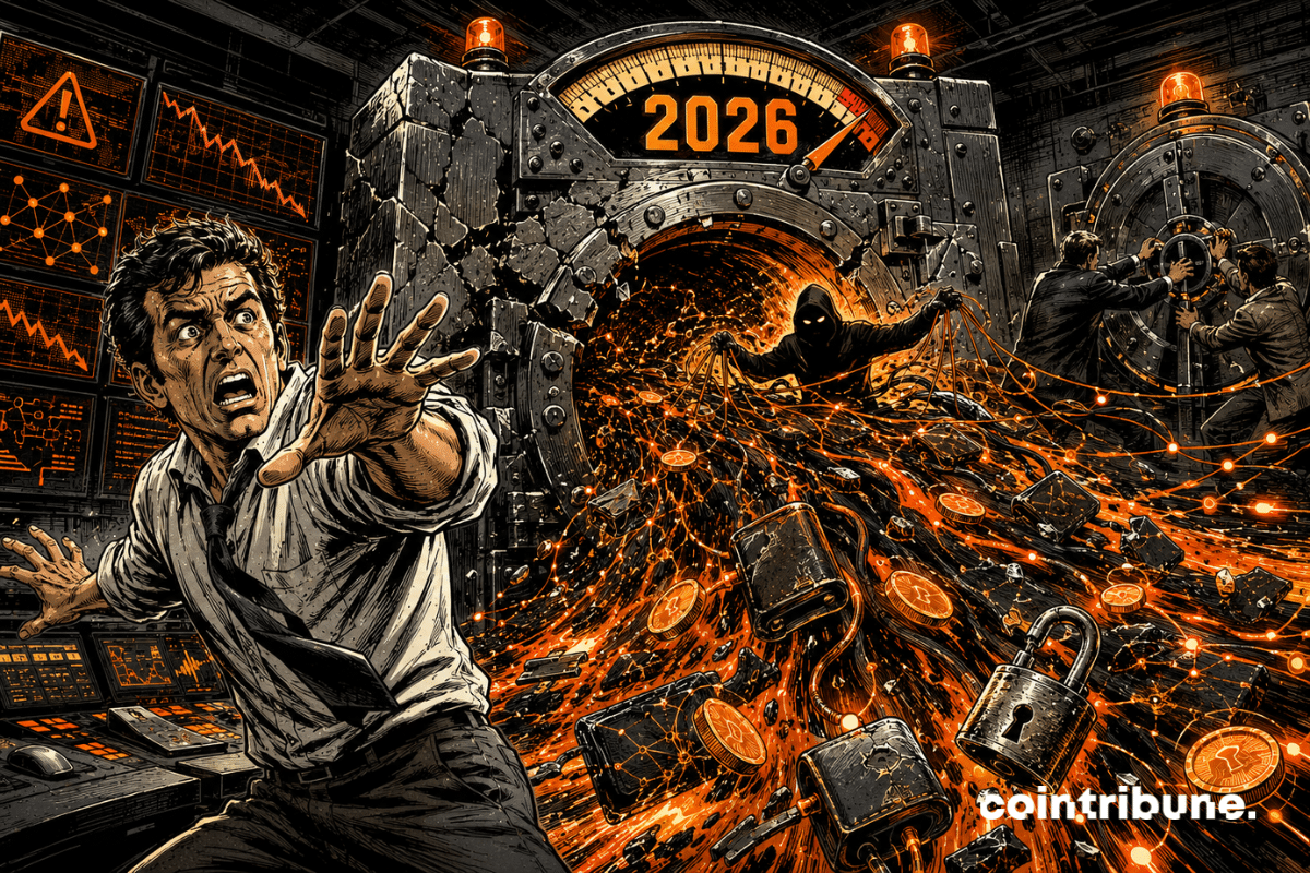 Un analyste recule devant un coffre crypto fracturé d’où jaillit une vague d’actifs volés, sous une jauge marquée 2026.