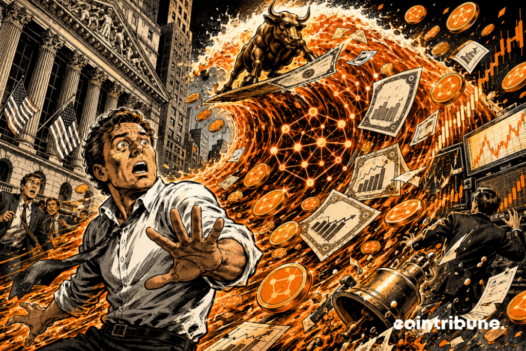 Un trader DEX recule devant une vague orange de jetons et d’actions tokenisées qui submerge Wall Street.