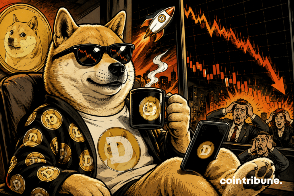Illustration du Dogecoin face à une correction du marché crypto, avec un chien Shiba portant des lunettes, un graphique en baisse et des signes de volatilité.