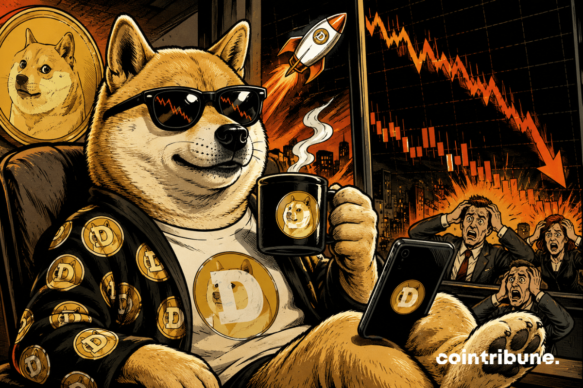 Illustration of Dogecoin during a crypto market correction, featuring a Shiba Inu wearing sunglasses, a declining chart and signs of market volatility.