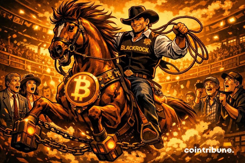 Um cowboy da BlackRock domando um cavalo arisco com o logotipo do Bitcoin.