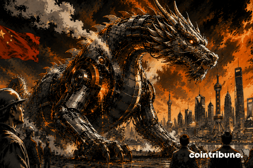 An immense mechanical dragon symbolizing the Chinese economy. It is imposing, but shows signs of fatigue. Sparks and steam escape from its joints.
