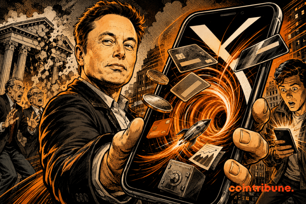 Elon Musk tient un smartphone d’où jaillissent cartes, pièces et une fusée dans un vortex orange via x money