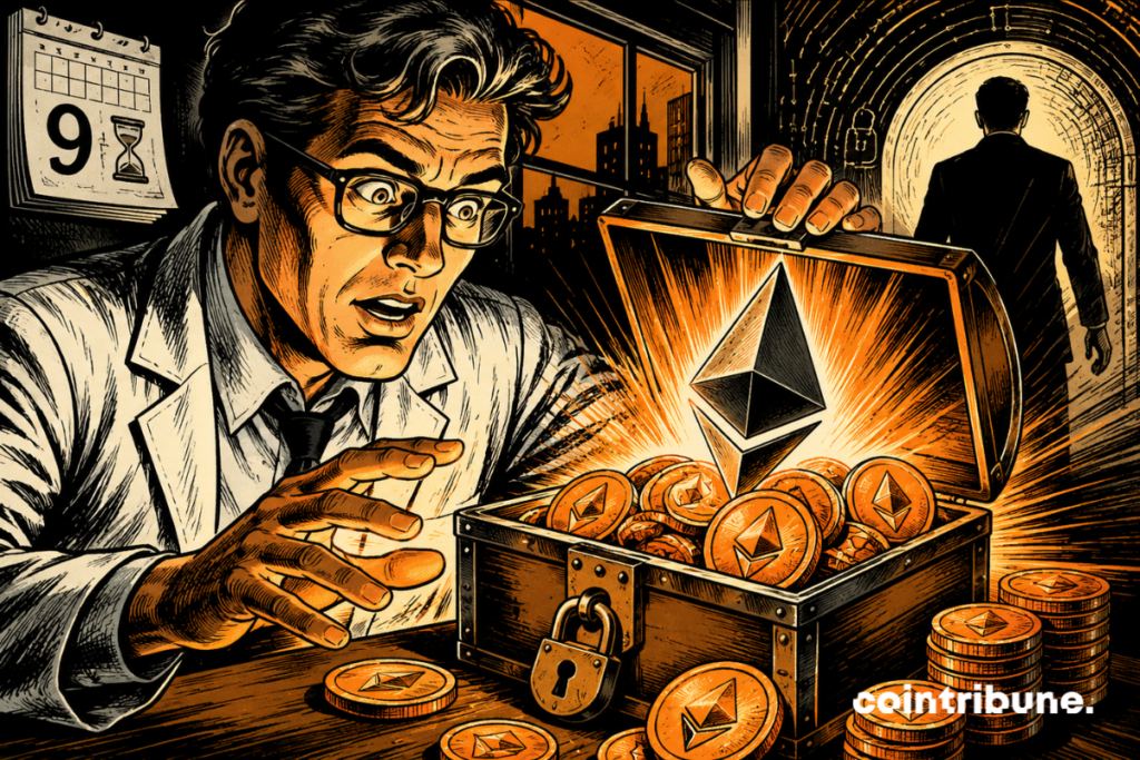 Illustration of a security researcher discovering a chest filled with Ethereum coins and symbols, representing the recovery of ether funds locked in an old ICO contract.