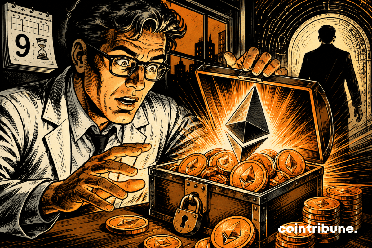 Illustration of a security researcher discovering a chest filled with Ethereum coins and symbols, representing the recovery of ether funds locked in an old ICO contract.