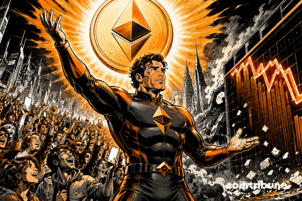 On a large, futuristic urban square, a personification of Ethereum as a man in a futuristic suit has his arm raised in a sign of victory. A huge Ethereum coin shines above him.