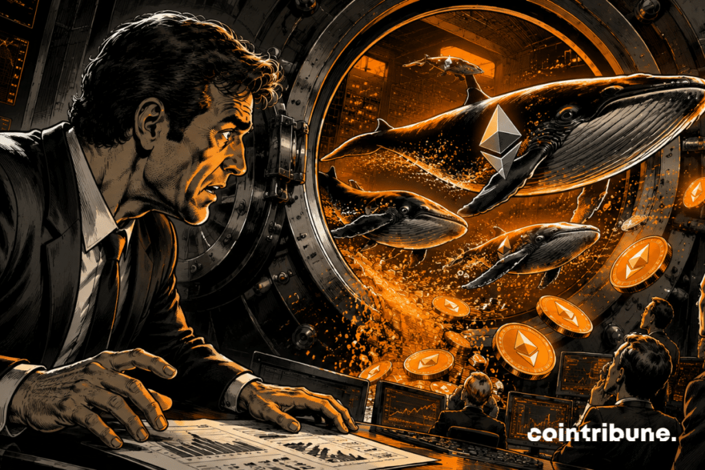 Several translucent giant whales silently escape from a massive open financial vault, carrying away glowing Ethereum coins.