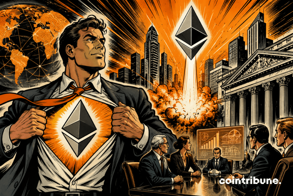 Illustration of Ethereum and Ethlabs showing the evolution of the blockchain network toward institutional adoption with support from Bitmine and SharpLink.