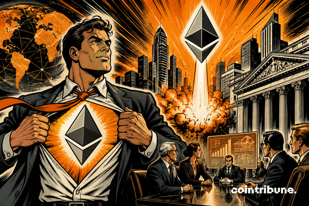 Illustration d’Ethereum et Ethlabs montrant l’évolution du réseau blockchain vers une adoption institutionnelle avec le soutien de Bitmine et SharpLink.