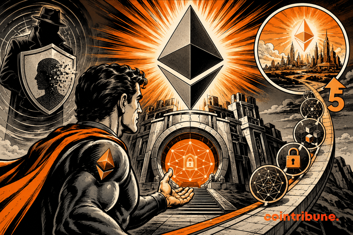 Illustration of Ethereum and Joe Lubin around a Zero-Knowledge architecture, with security, layer 2 networks and a five-year roadmap.