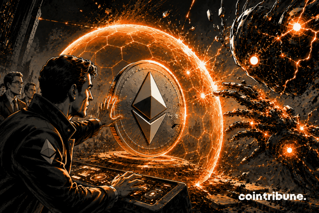 Un ingeniero blockchain futurista activa un enorme escudo energético. Una gigantesca moneda de Ethereum, protegida por una cúpula luminosa, repele una poderosa ola de energía cuántica.