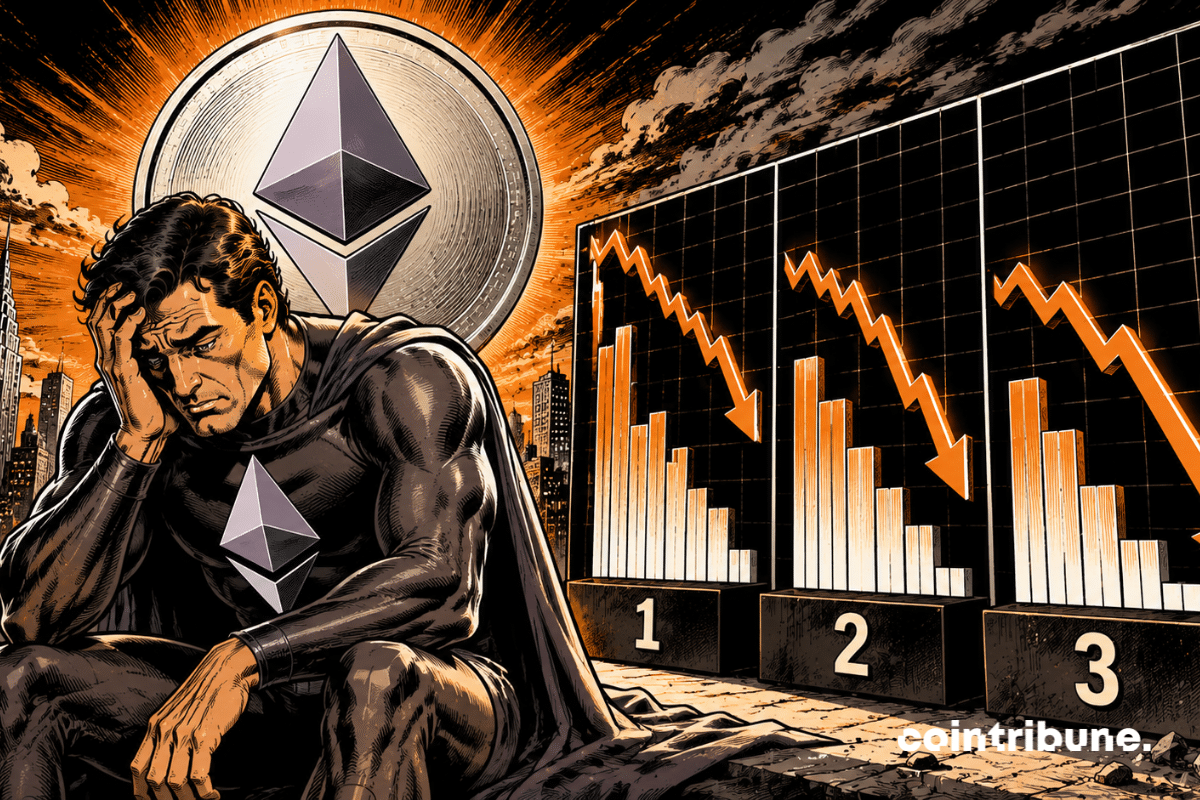 Un super héros Ethereum observe des graphiques de baisse.