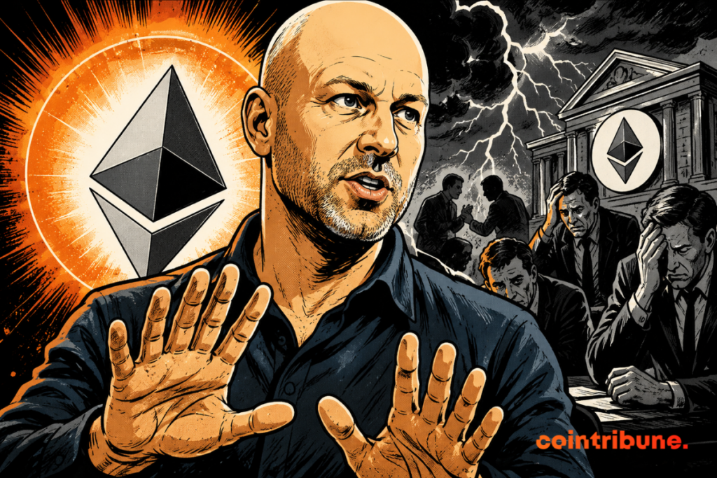 Illustration depicting Joe Lubin in front of the Ethereum logo, while scenes of tension and debate unfold around an institution linked to the ecosystem. The image symbolizes his effort to reassure the community amid criticism directed at the Ethereum Foundation.