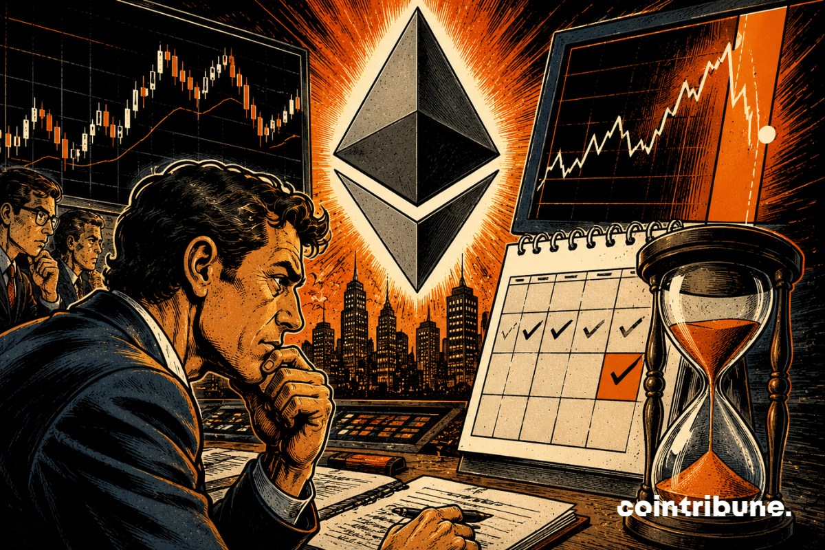 Illustration of an investor watching Ethereum’s price movement, with market charts, a calendar and an hourglass.