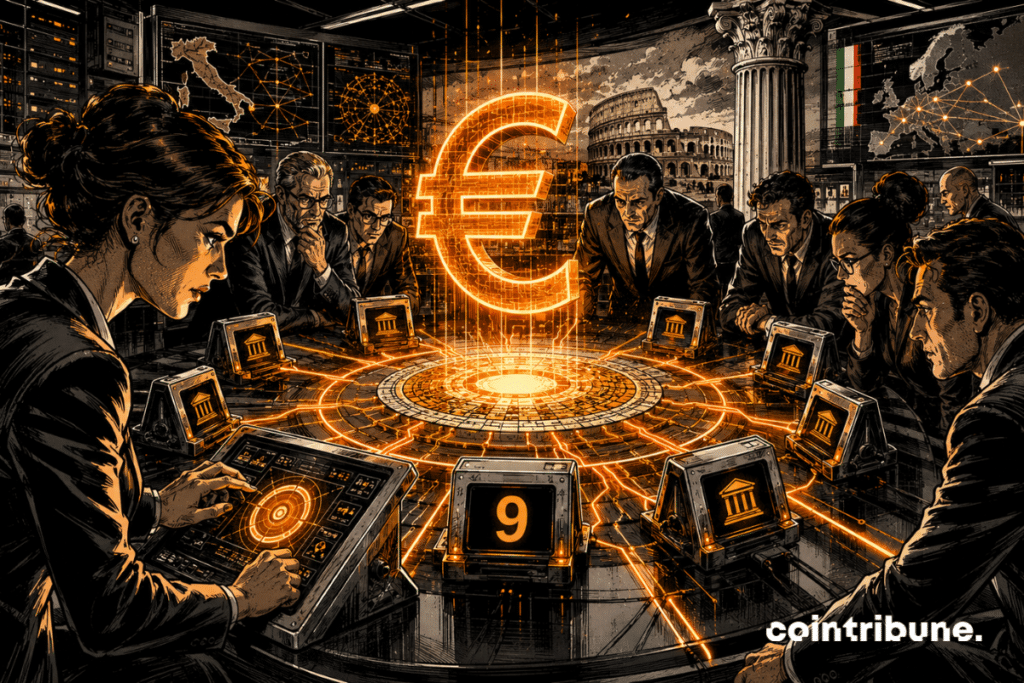 Laboratório bancário italiano onde um euro digital brilhante está conectado a nove terminais de teste.
