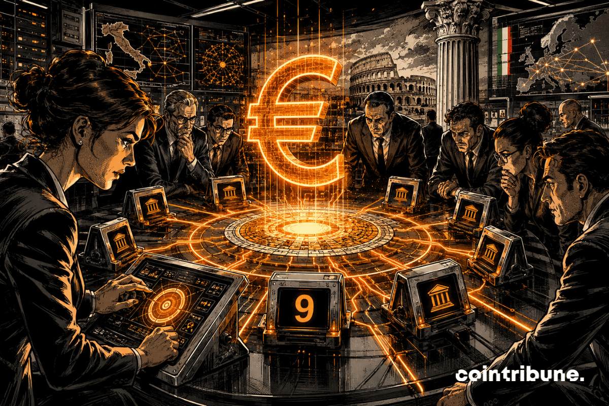 Laboratoire bancaire italien où un euro numérique lumineux est connecté à neuf terminaux de test.