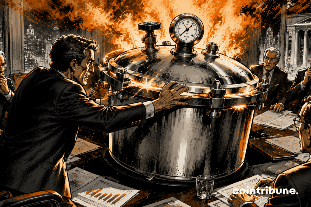 Un responsable monétaire de la Fed tente de maintenir fermé un gigantesque mécanisme sous pression. Une immense cocotte-minute métallique symbolisant l'inflation commence à céder.