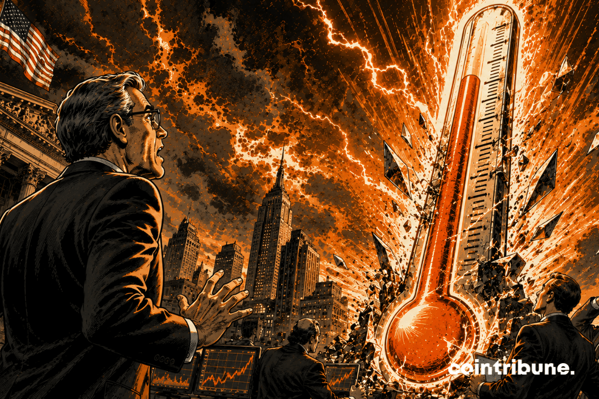 A central bank official, specifically from the Federal Reserve (Fed), steps back in front of a gigantic thermometer. The thermometer surges upward with intense orange energy, symbolizing the sharp rise in U.S. inflation.