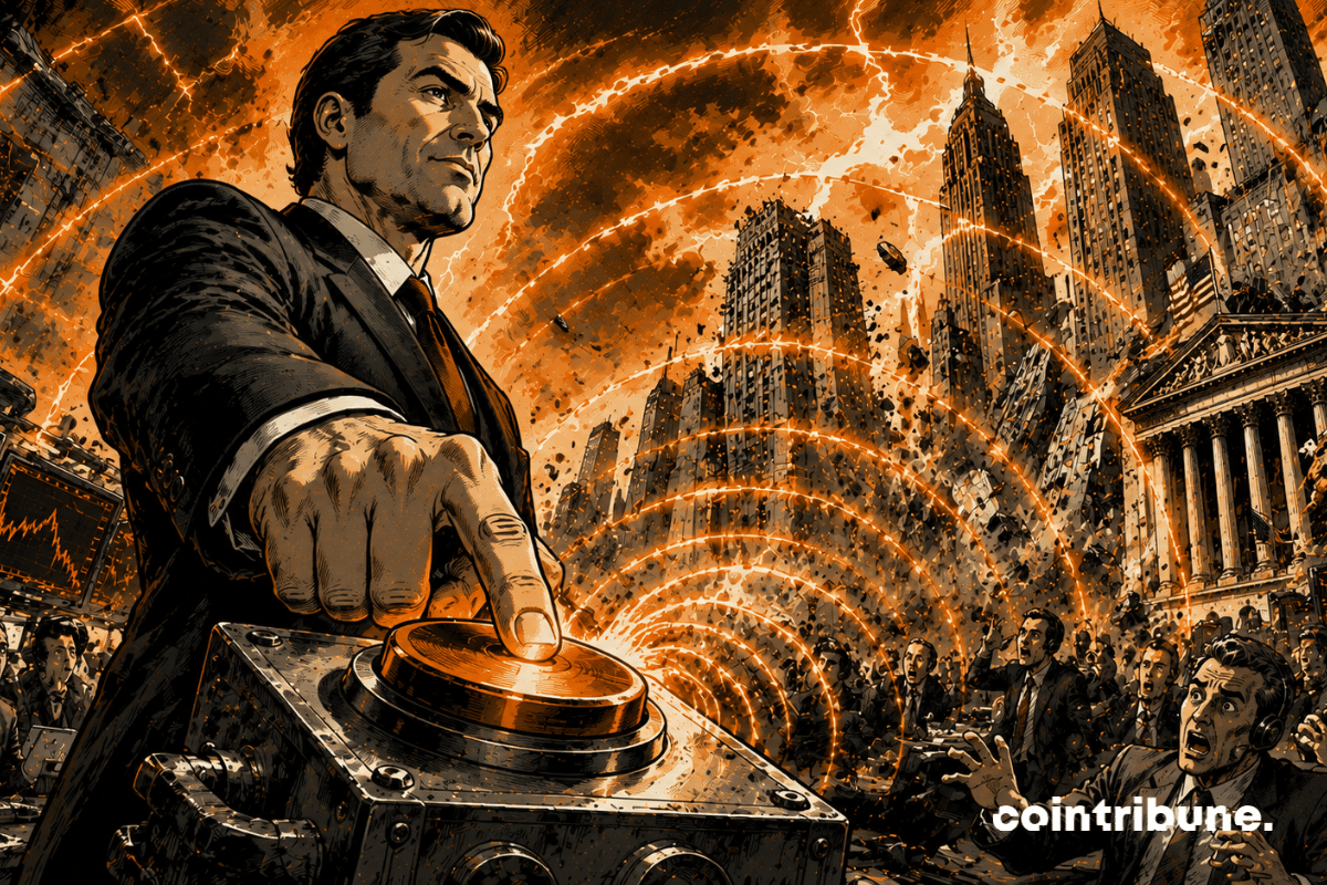 Un homme inspiré de Kevin Warsh appuie sur un immense mécanisme de contrôle. Une onde de choc gigantesque traverse une métropole financière futuriste.