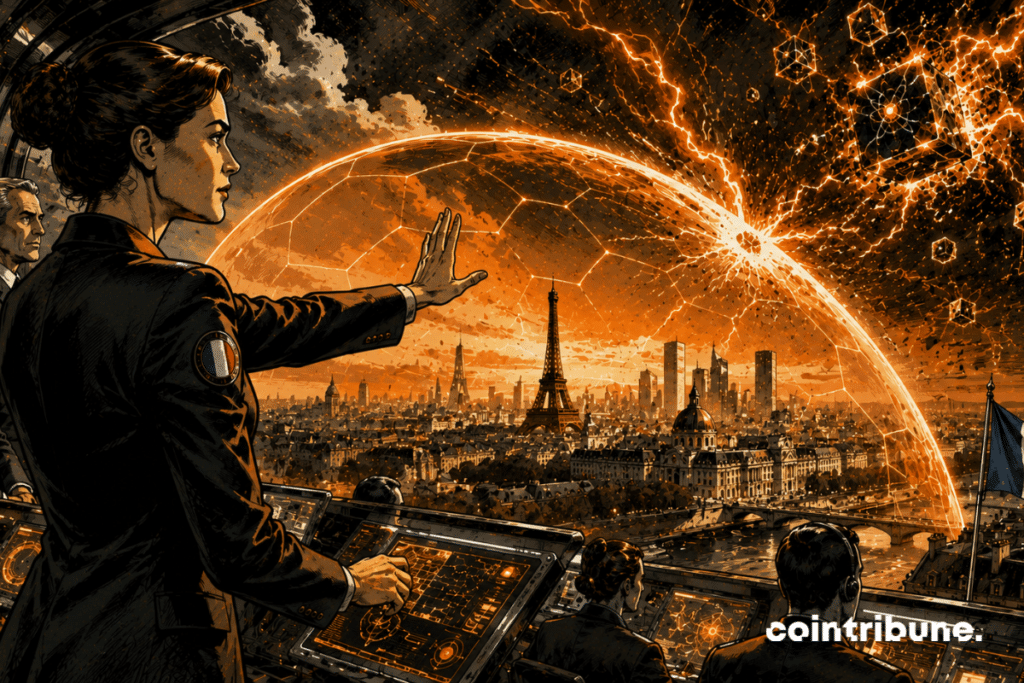 Une experte en cybersécurité de l’ANSSI active un immense bouclier énergétique. Un gigantesque dôme de protection recouvre la capitale de la France futuriste tandis qu'une vague d'énergie quantique tente de le percer.