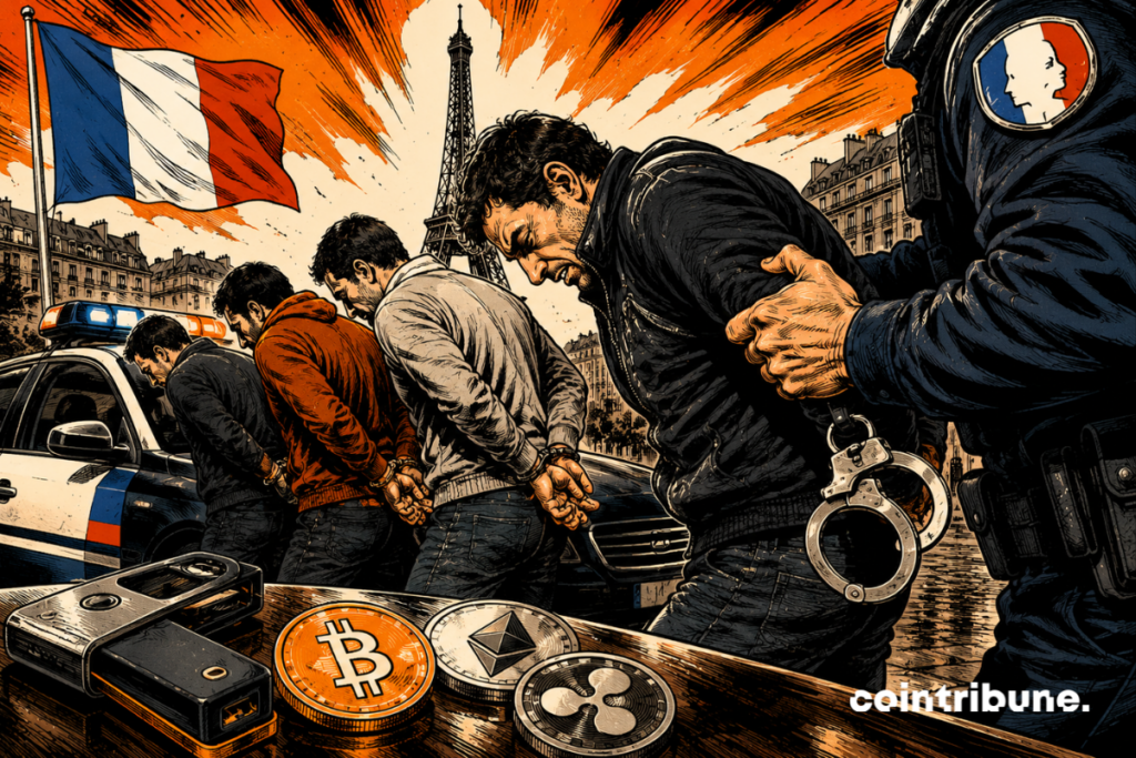 Illustration représentant une opération policière en France liée à la criminalité crypto. Plusieurs suspects sont interpellés et menottés par les forces de l’ordre dans un décor parisien dominé par la Tour Eiffel et le drapeau français. Au premier plan figurent une clé USB de type portefeuille matériel ainsi que des pièces symbolisant le Bitcoin, l’Ether et le XRP.