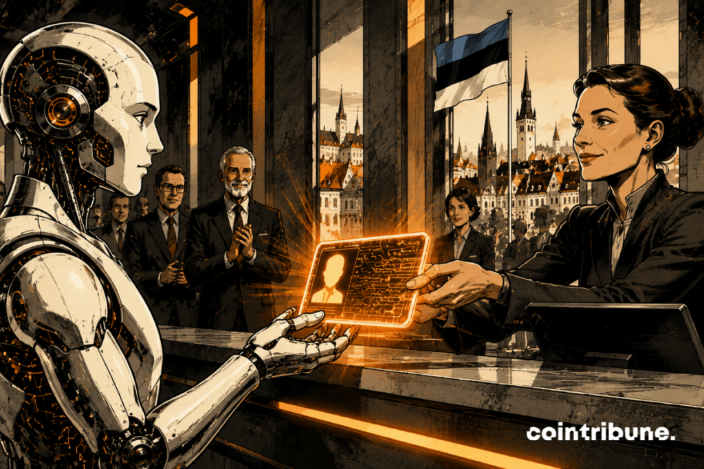 Dans une grande salle administrative futuriste inspirée de Tallinn en Estonie, un Agent IA humanoïde est debout devant un guichet officiel. Une identité numérique lumineuse lui est officiellement remise.
