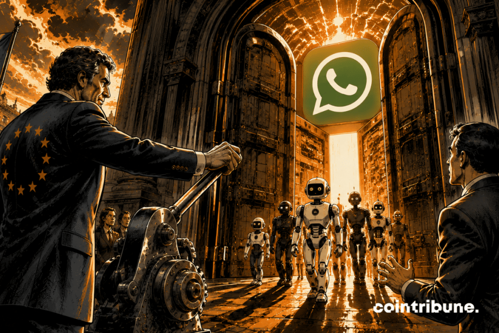 A gigantic technological gateway opens as several AI entities, represented by advanced robots, move forward.