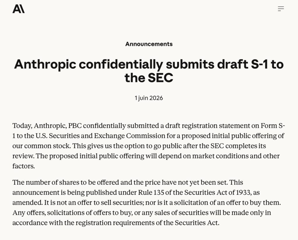 Anthropic filed its IPO paperwork confidentially with the SEC on June 1, 2026, marking a key step toward an estimated valuation of 1 trillion dollars.