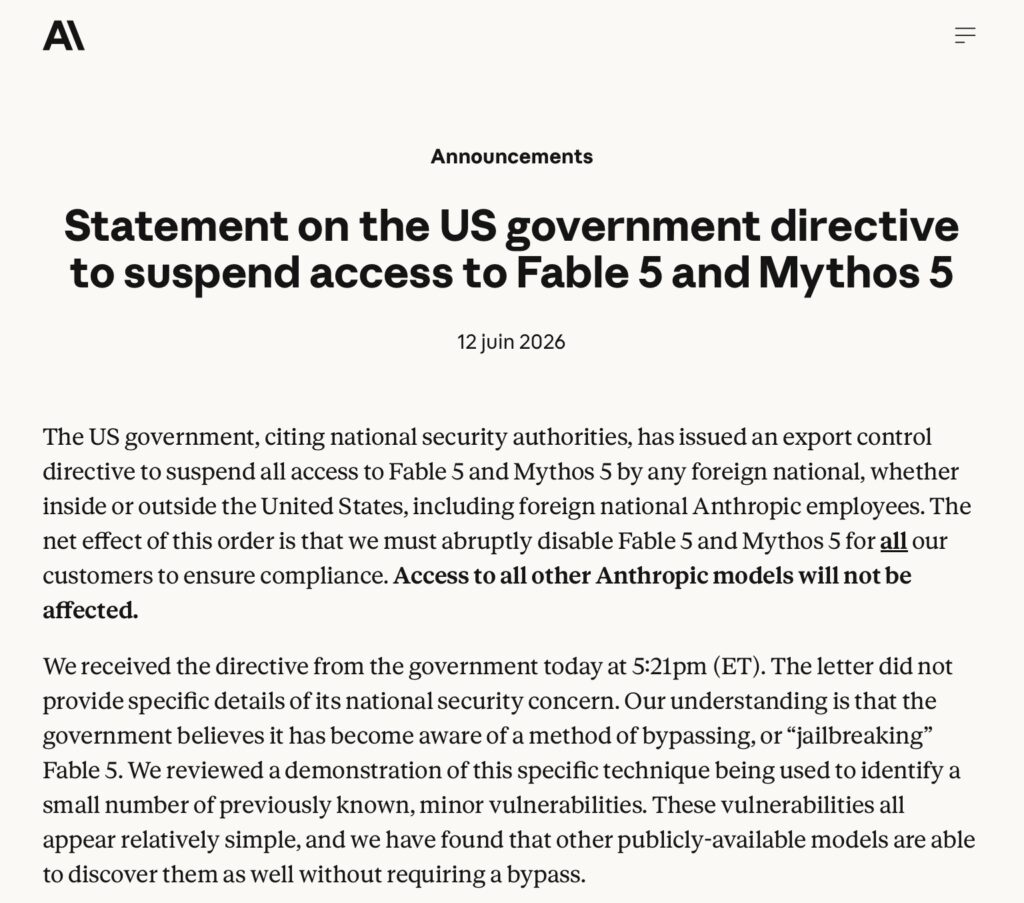 2 juin 2026, le gouvernement des États-Unis a asséné un coup de massue à l’IA centralisée. En effet, une directive d’urgence a forcé Anthropic à désactiver globalement ses modèles phares, Fable 5 et Mythos 5, sous prétexte de risques pour la sécurité nationale.