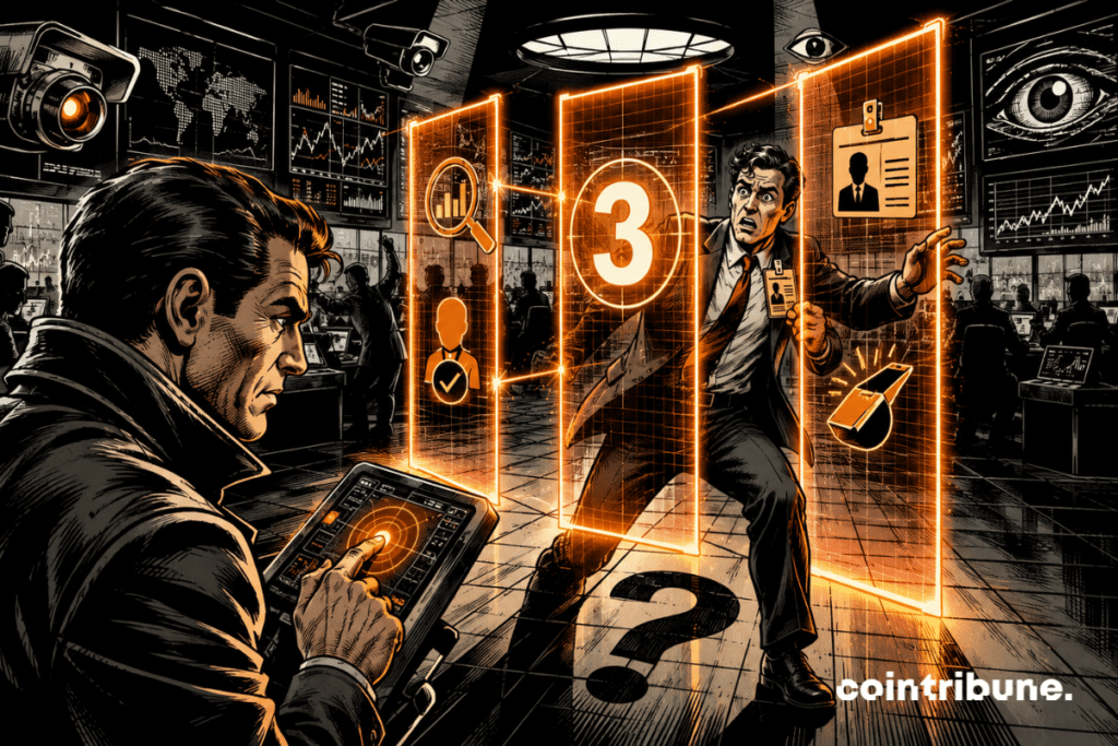 Salle de trading crypto futuriste où un enquêteur active trois barrières orange bloquant un trader suspect.