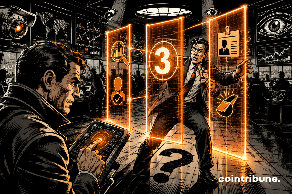 Salle de trading crypto futuriste où un enquêteur active trois barrières orange bloquant un trader suspect.