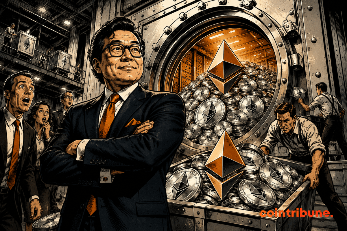 Dirigeant confiant devant un immense stock d’Ethereum, tandis qu’investisseurs et employés observent une accumulation spectaculaire de réserves.