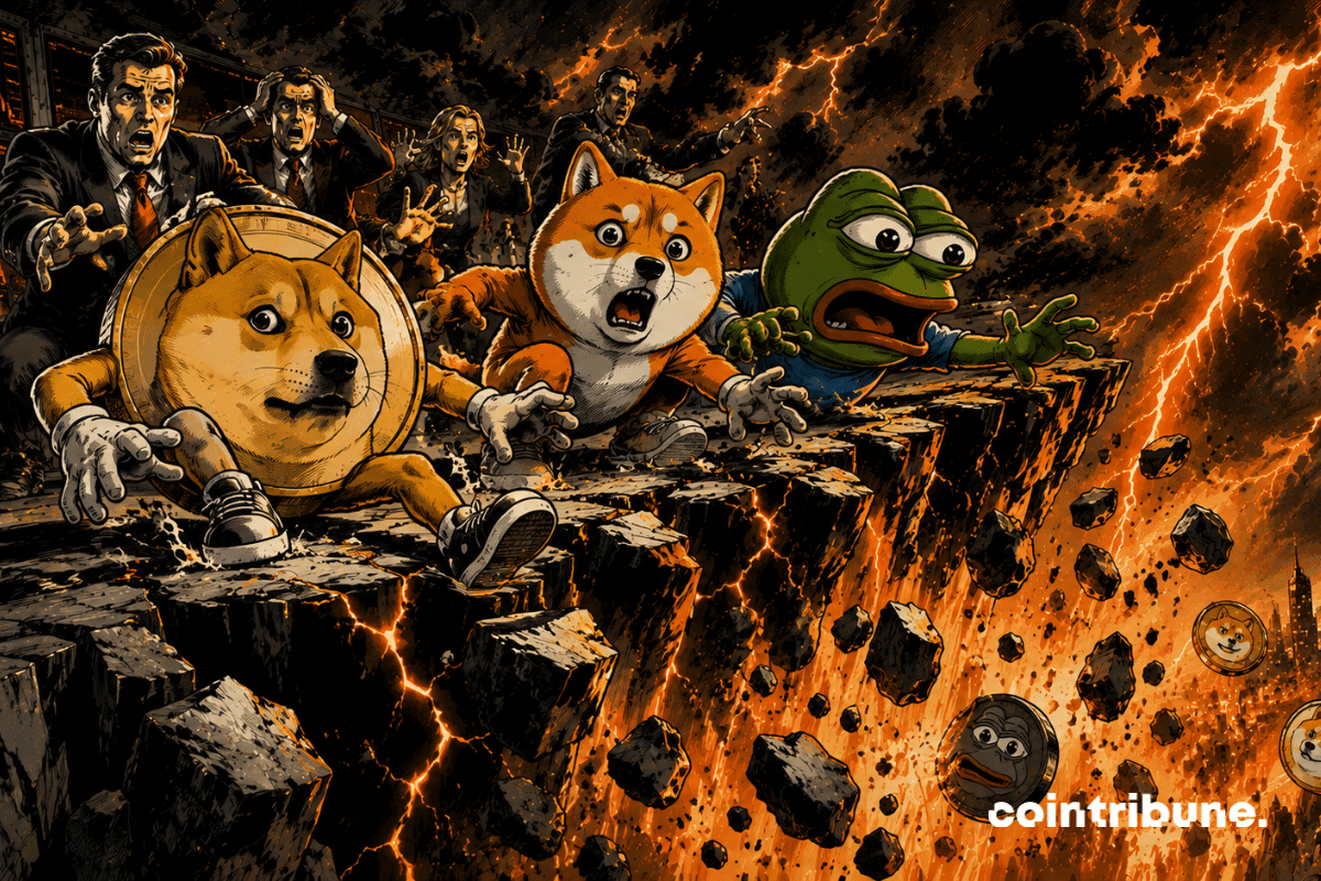 Trois mascottes inspirées des memecoins Dogecoin, Shiba Inu et Pepe glissent dangereusement vers le bord. Une immense plateforme rocheuse se fissure sous leurs pieds.