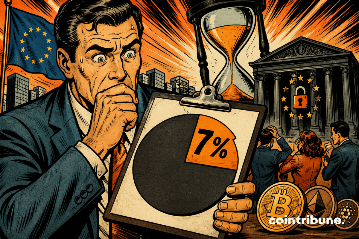 Illustration d’un dirigeant inquiet tenant un graphique à 7 %, avec des symboles de MiCA, de la crypto et de la réglementation européenne en arrière-plan.