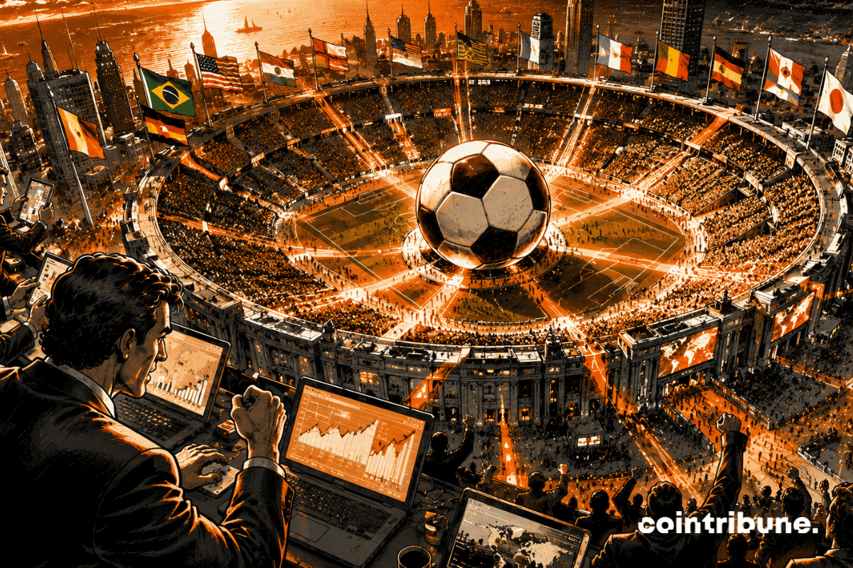 Un stade gigantesque fusionne avec une place financière. Supporters et investisseurs du Mondial convergent vers le terrain central.